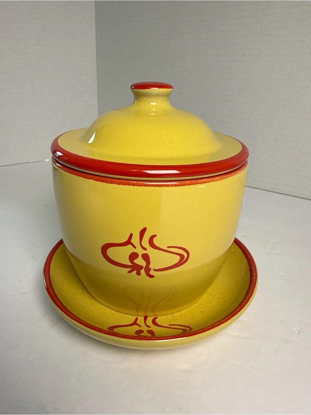 Yellow Ceramic Garlic Bowl with Red Trim and Floral Motif